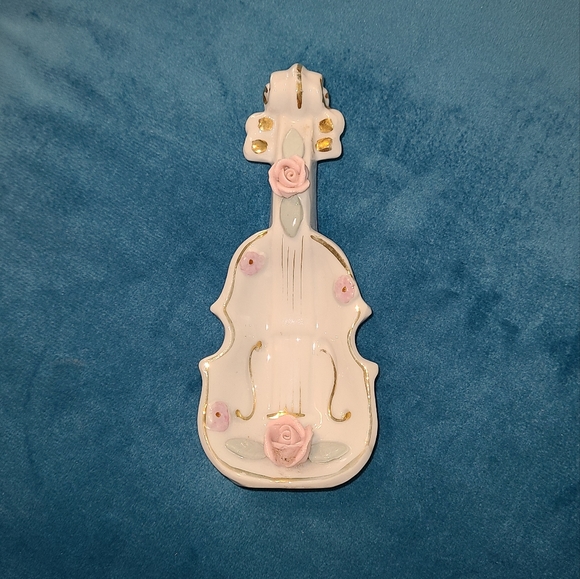Vtg Mid Century Flowered Hand Painted Bone China Violin Trinket Dish - Picture 2 of 14